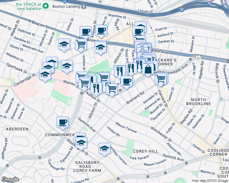 map of restaurants, bars, coffee shops, grocery stores, and more near 1348 Commonwealth Avenue in Boston