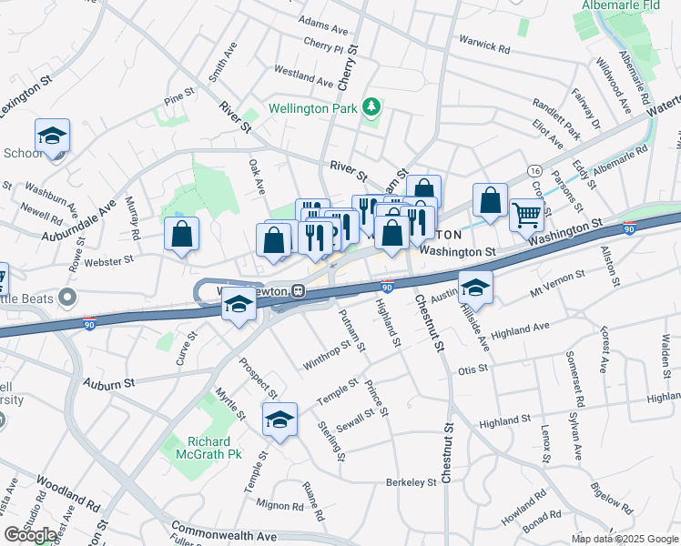 map of restaurants, bars, coffee shops, grocery stores, and more near 1362 Washington Street in Newton
