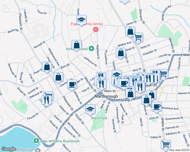 map of restaurants, bars, coffee shops, grocery stores, and more near 316 Lincoln Street in Marlborough
