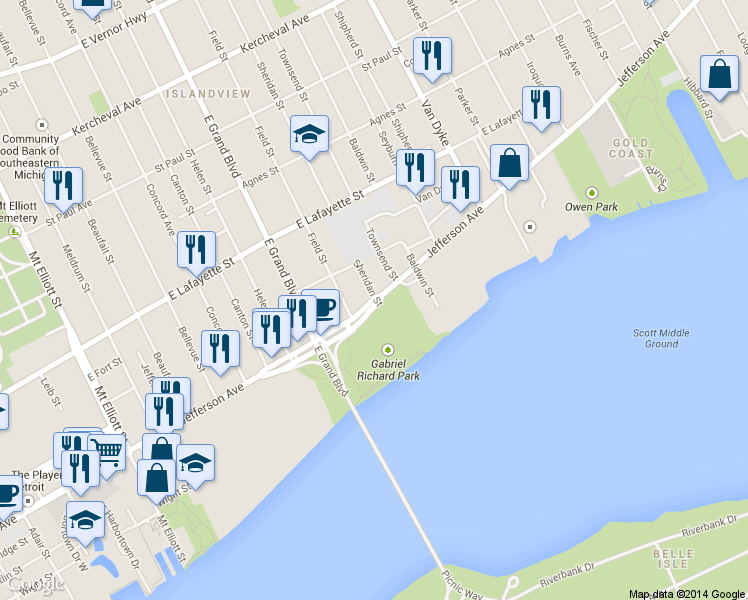 map of restaurants, bars, coffee shops, grocery stores, and more near 7319 East Jefferson Avenue in Detroit