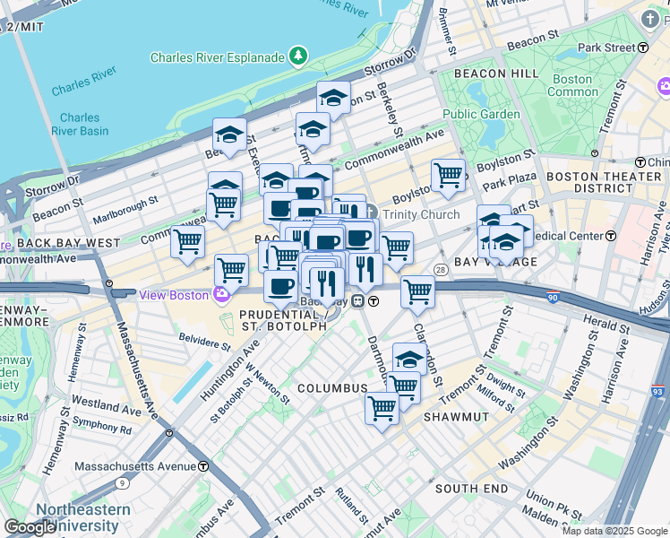 map of restaurants, bars, coffee shops, grocery stores, and more near 100 Huntington Avenue in Boston