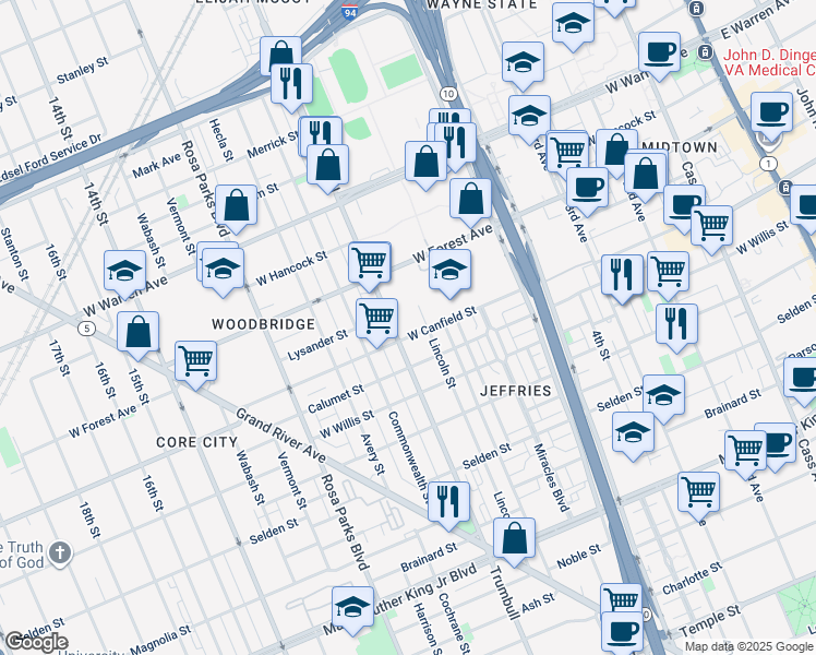 map of restaurants, bars, coffee shops, grocery stores, and more near 4344 Trumbull in Detroit