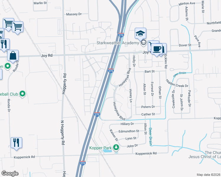 map of restaurants, bars, coffee shops, grocery stores, and more near 8360 Honeytree Boulevard in Canton