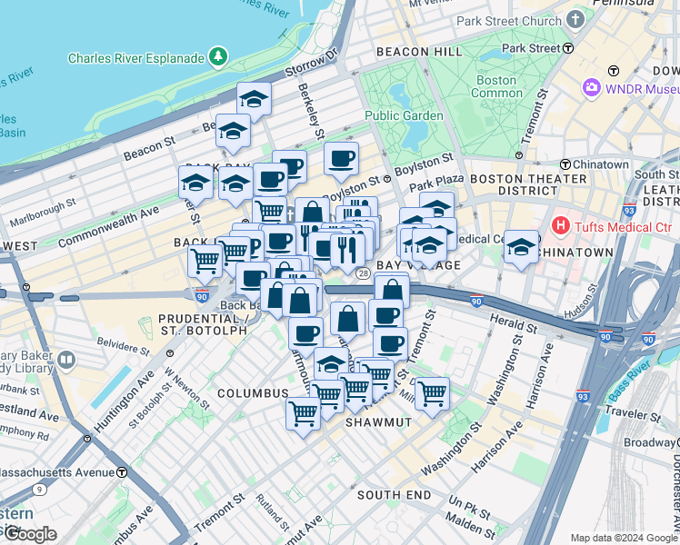 map of restaurants, bars, coffee shops, grocery stores, and more near 33 Stanhope Street in Boston
