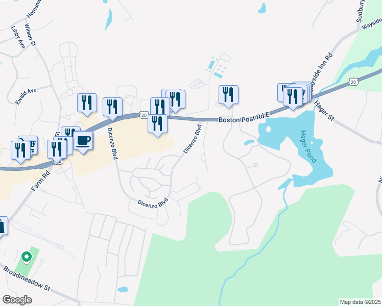 map of restaurants, bars, coffee shops, grocery stores, and more near 321 Dicenzo Boulevard in Marlborough