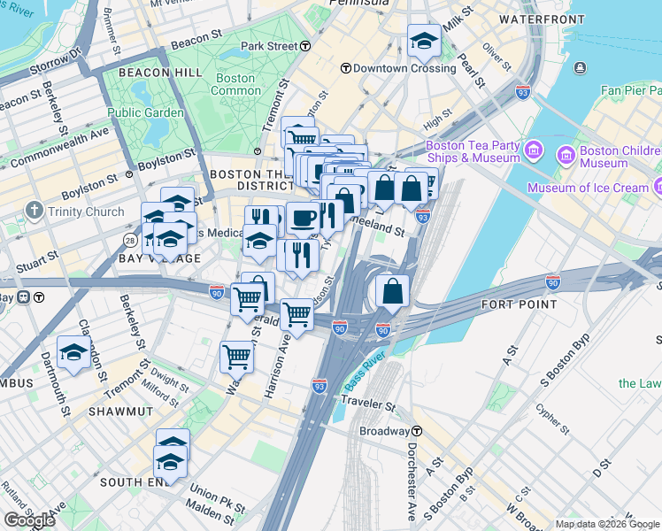 map of restaurants, bars, coffee shops, grocery stores, and more near 88 Hudson Street in Boston