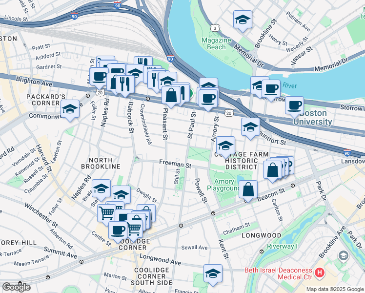 map of restaurants, bars, coffee shops, grocery stores, and more near in Brookline