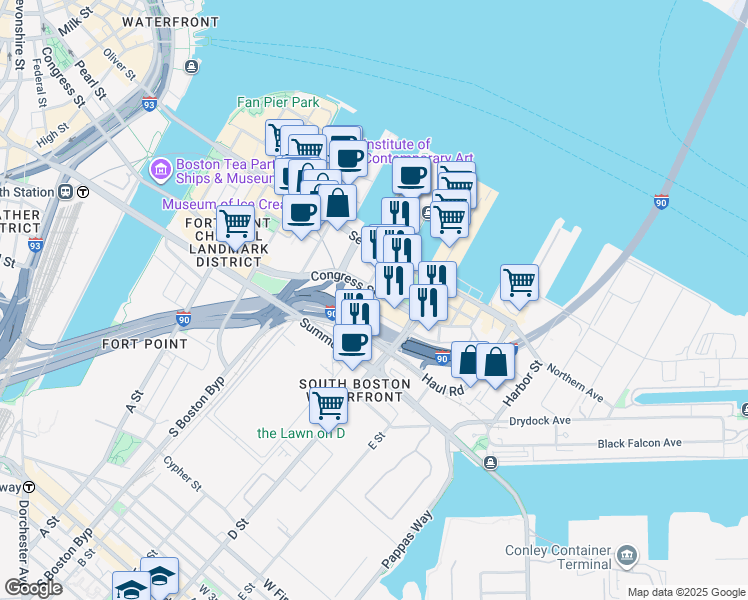 map of restaurants, bars, coffee shops, grocery stores, and more near 501 Congress Street in Boston
