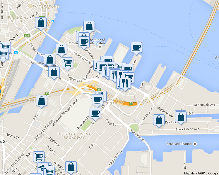 map of restaurants, bars, coffee shops, grocery stores, and more near 505 Congress Street in Boston