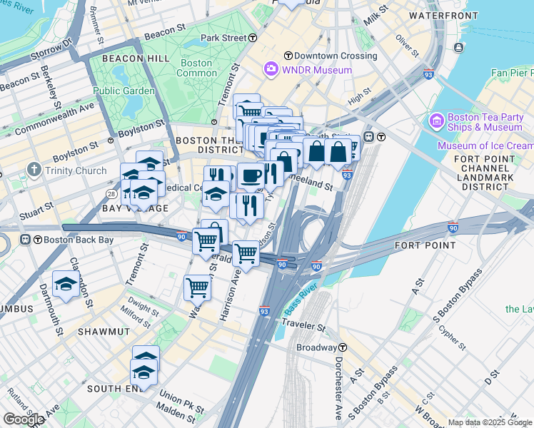 map of restaurants, bars, coffee shops, grocery stores, and more near 88 Hudson Street in Boston