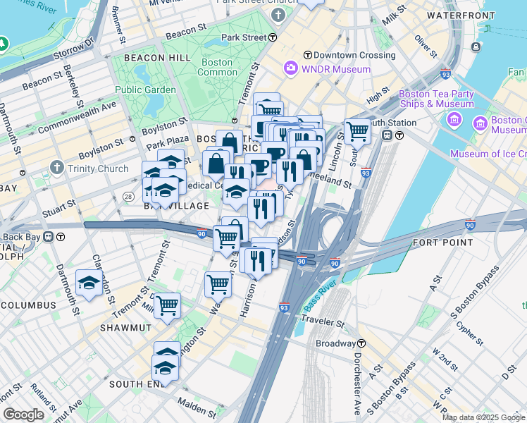 map of restaurants, bars, coffee shops, grocery stores, and more near 232 Harrison Avenue in Boston