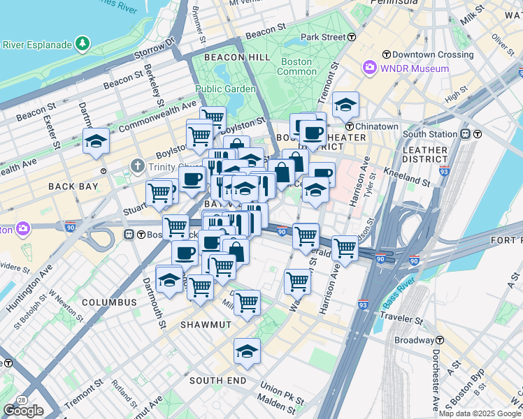 map of restaurants, bars, coffee shops, grocery stores, and more near 1 Bay Street in Boston