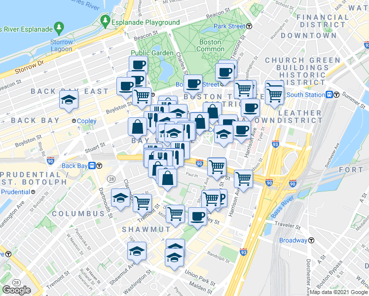 map of restaurants, bars, coffee shops, grocery stores, and more near 1 Bay Street in Boston