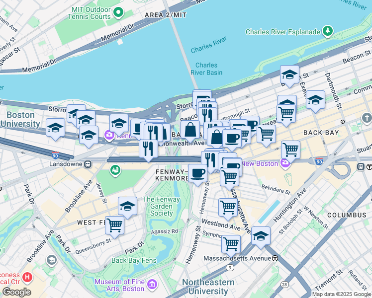 map of restaurants, bars, coffee shops, grocery stores, and more near 427 Newbury Street in Boston