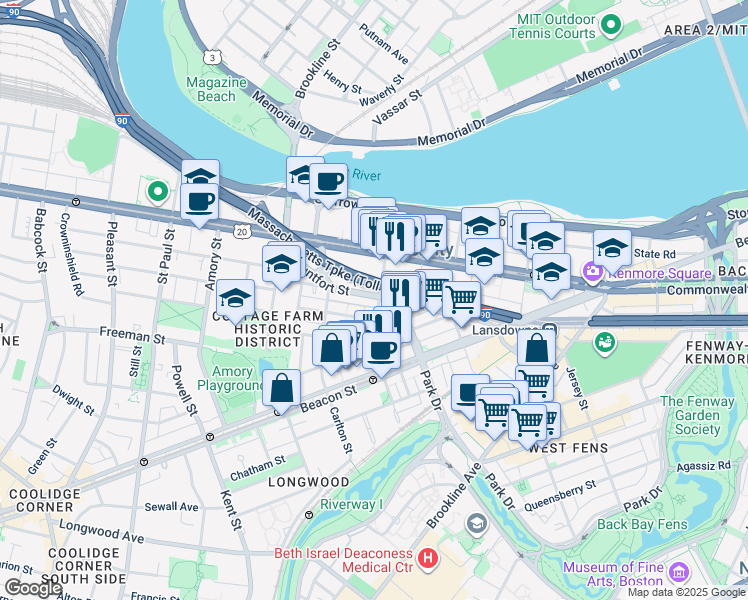 map of restaurants, bars, coffee shops, grocery stores, and more near 7 Euston Street in Brookline