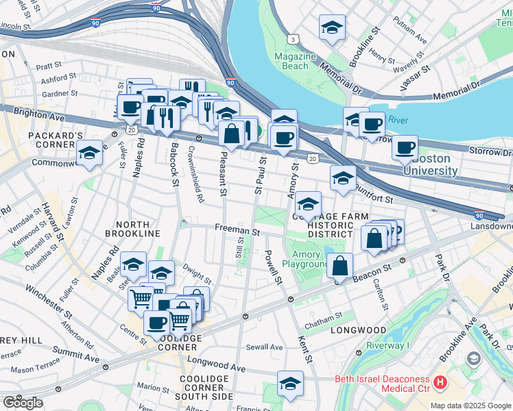 map of restaurants, bars, coffee shops, grocery stores, and more near in Brookline