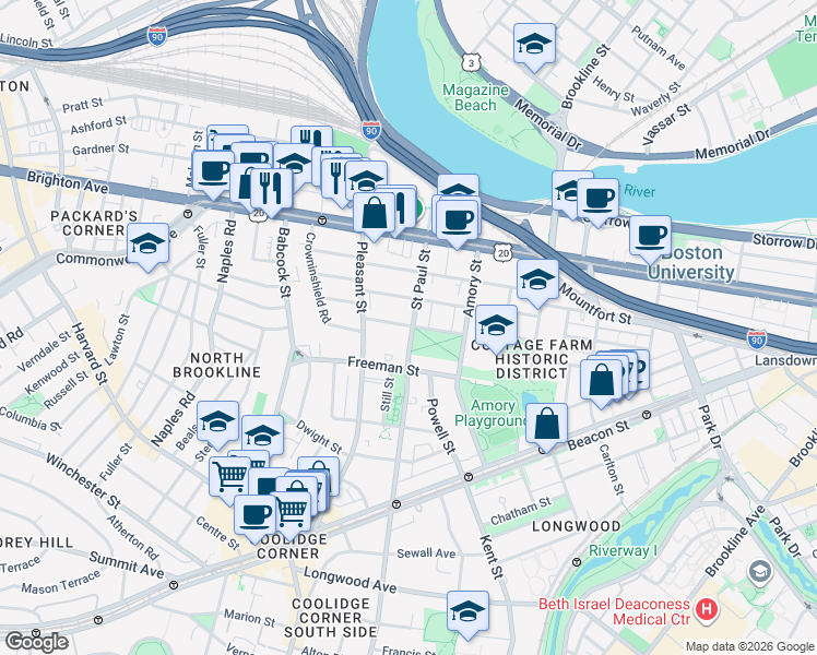 map of restaurants, bars, coffee shops, grocery stores, and more near in Brookline