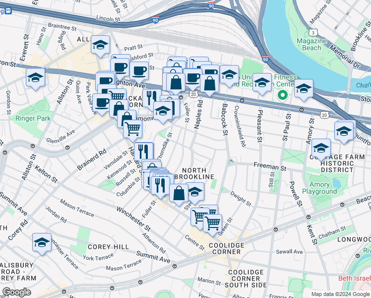 map of restaurants, bars, coffee shops, grocery stores, and more near in Brookline