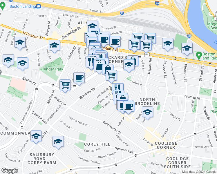 map of restaurants, bars, coffee shops, grocery stores, and more near 16 Verndale Street in Brookline