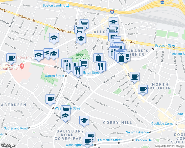 map of restaurants, bars, coffee shops, grocery stores, and more near 1348 Commonwealth Avenue in Boston