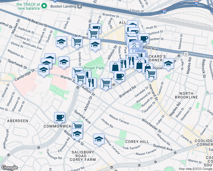 map of restaurants, bars, coffee shops, grocery stores, and more near 1348 Commonwealth Avenue in Boston
