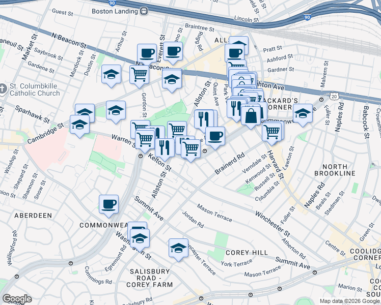 map of restaurants, bars, coffee shops, grocery stores, and more near 1348 Commonwealth Avenue in Boston