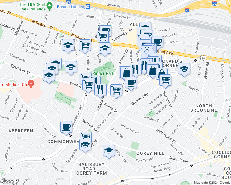 map of restaurants, bars, coffee shops, grocery stores, and more near 1348 Commonwealth Avenue in Boston
