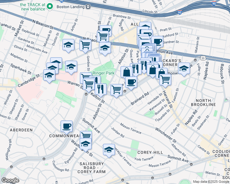 map of restaurants, bars, coffee shops, grocery stores, and more near 1348 Commonwealth Avenue in Boston