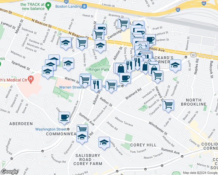 map of restaurants, bars, coffee shops, grocery stores, and more near 1348 Commonwealth Avenue in Boston