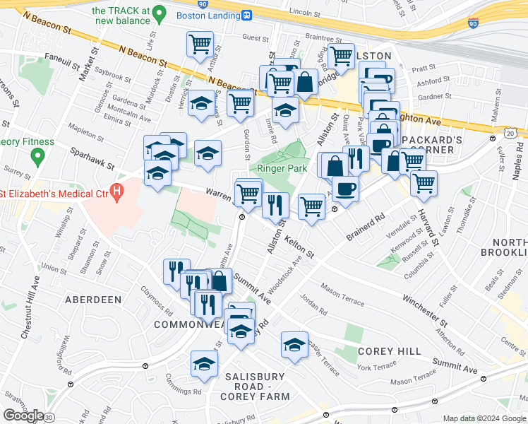 map of restaurants, bars, coffee shops, grocery stores, and more near 153 Kelton Street in Boston