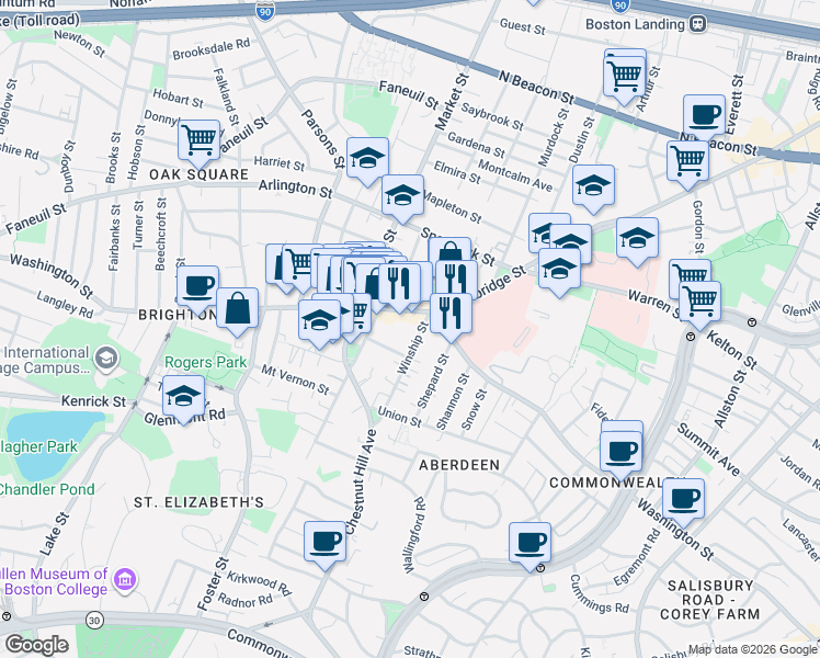 map of restaurants, bars, coffee shops, grocery stores, and more near 18 Winship Street in Boston