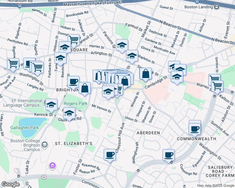 map of restaurants, bars, coffee shops, grocery stores, and more near 30 Chestnut Hill Avenue in Boston