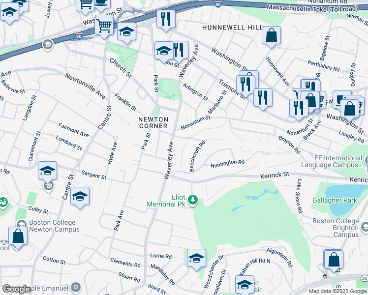 map of restaurants, bars, coffee shops, grocery stores, and more near 122 Shornecliffe Road in Newton