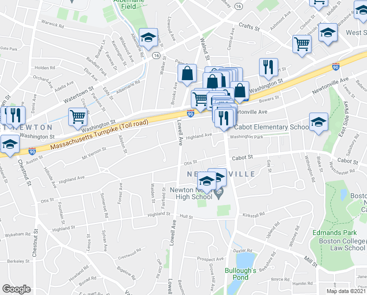 map of restaurants, bars, coffee shops, grocery stores, and more near 269 Lowell Avenue in Newton