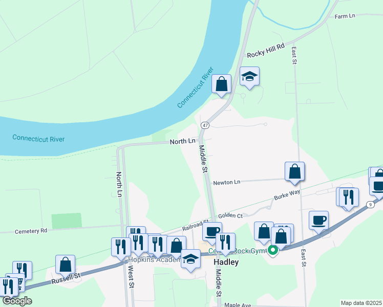 map of restaurants, bars, coffee shops, grocery stores, and more near 15 Middle Street in Hadley