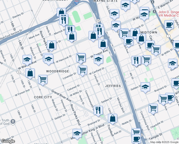 map of restaurants, bars, coffee shops, grocery stores, and more near 4344 Trumbull in Detroit