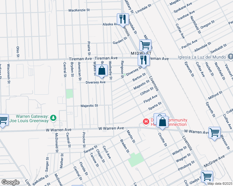 map of restaurants, bars, coffee shops, grocery stores, and more near 6702 Majestic Street in Detroit