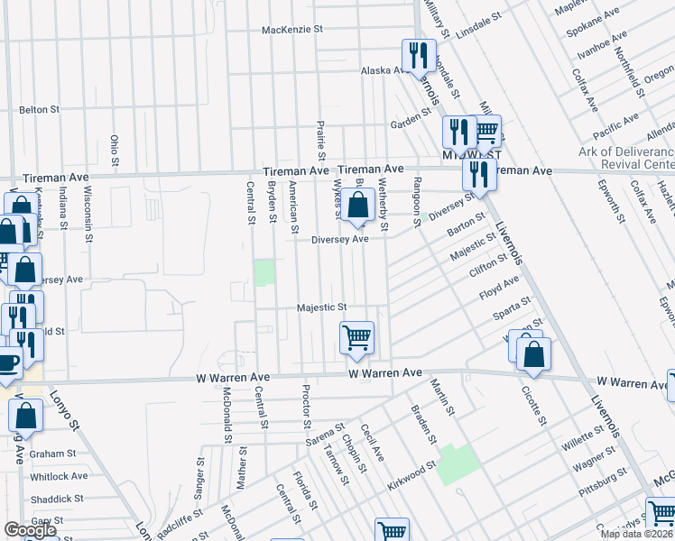 map of restaurants, bars, coffee shops, grocery stores, and more near 7453 Wykes Street in Detroit