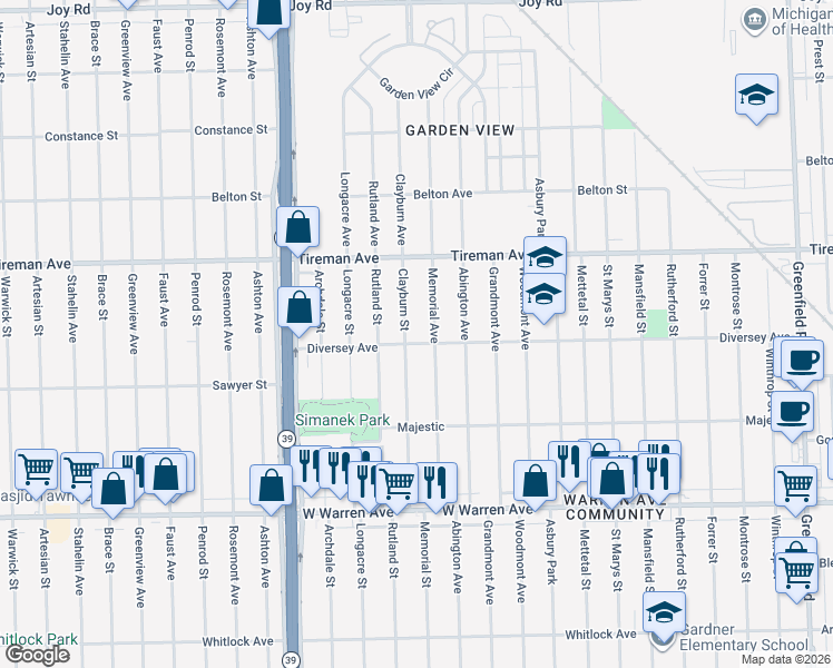 map of restaurants, bars, coffee shops, grocery stores, and more near 7551 Memorial Street in Detroit