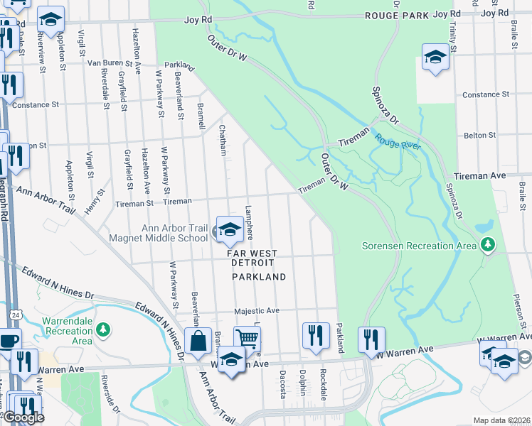 map of restaurants, bars, coffee shops, grocery stores, and more near 7694 Dacosta in Detroit