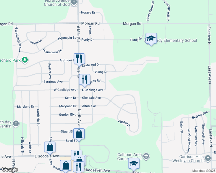 map of restaurants, bars, coffee shops, grocery stores, and more near 421 Alton Avenue in Battle Creek