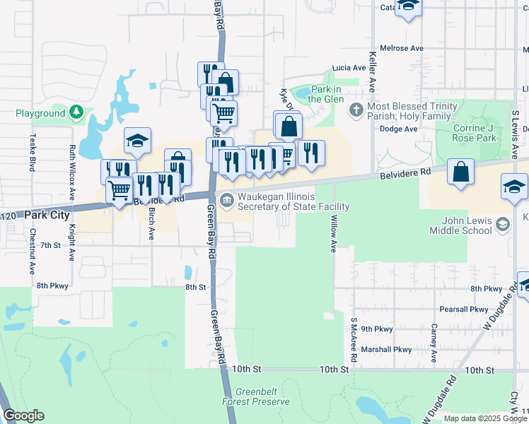 map of restaurants, bars, coffee shops, grocery stores, and more near 642 South Dilger Avenue in Waukegan