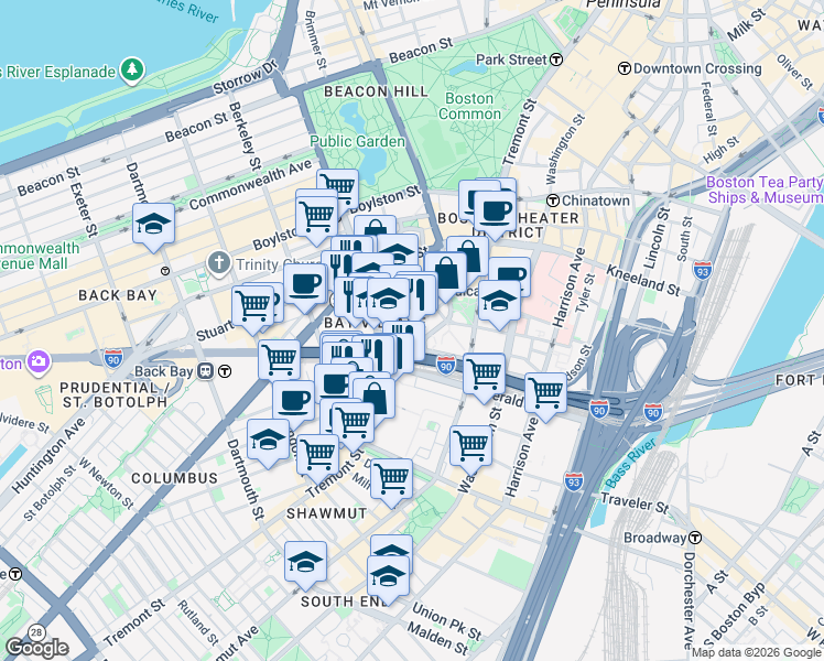 map of restaurants, bars, coffee shops, grocery stores, and more near 1 Bay Street in Boston