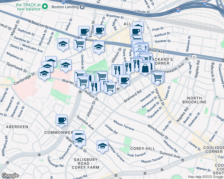 map of restaurants, bars, coffee shops, grocery stores, and more near 1348 Commonwealth Avenue in Boston