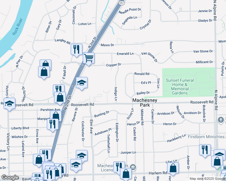 map of restaurants, bars, coffee shops, grocery stores, and more near 8609 Indigo Lane in Machesney Park