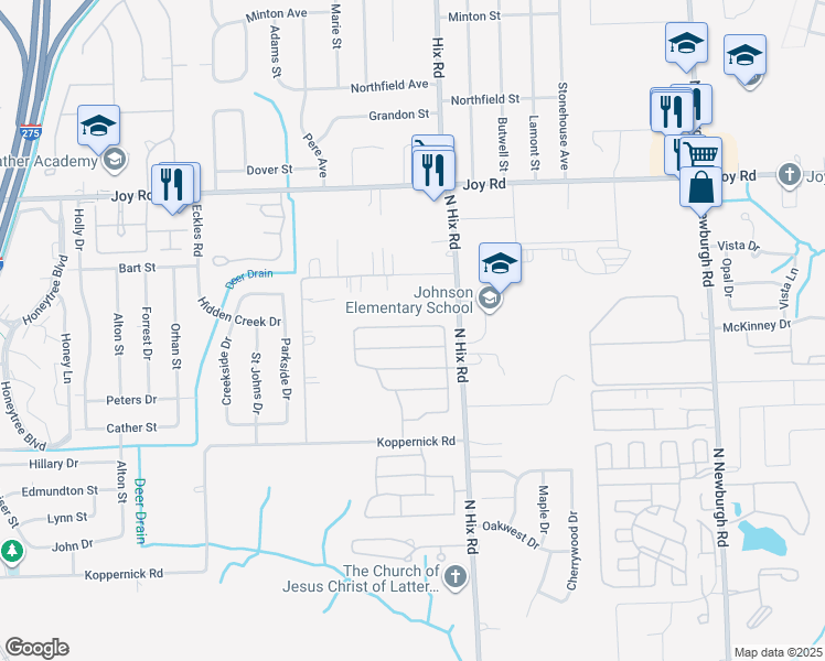 map of restaurants, bars, coffee shops, grocery stores, and more near 38469 Terry Lane in Westland