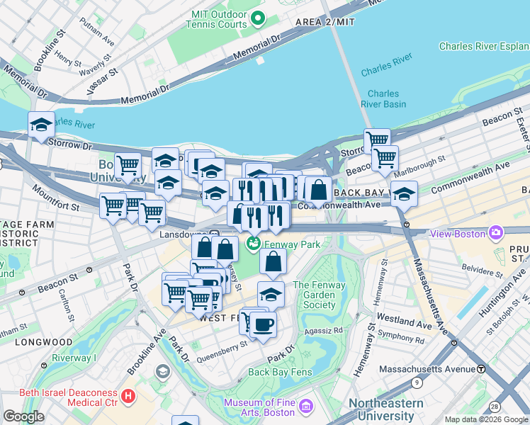map of restaurants, bars, coffee shops, grocery stores, and more near 603 Newbury Street in Boston