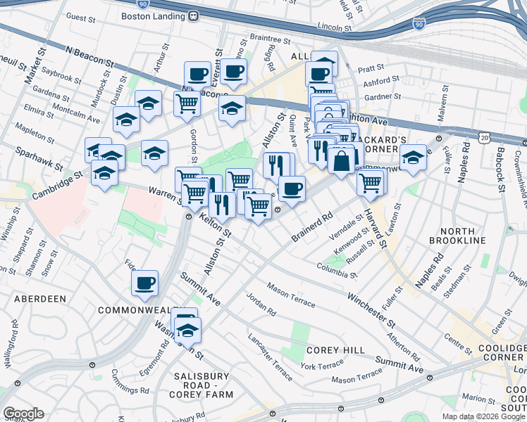 map of restaurants, bars, coffee shops, grocery stores, and more near 1348 Commonwealth Avenue in Boston