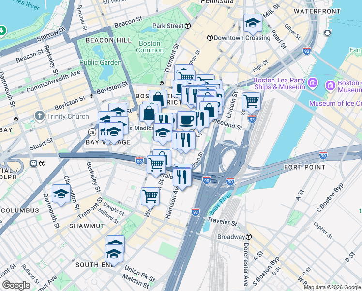 map of restaurants, bars, coffee shops, grocery stores, and more near 1 Nassau Street in Boston