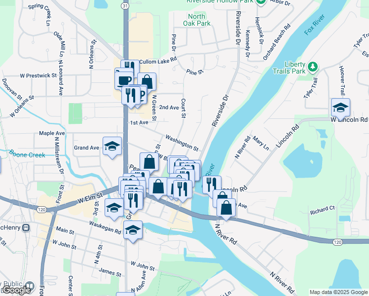 map of restaurants, bars, coffee shops, grocery stores, and more near 1508 Park Street in McHenry
